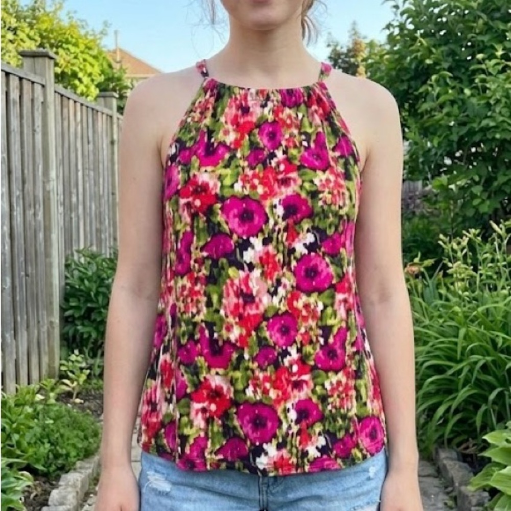 Loveappella Pink & Green Watercolor Floral Halter Soft Camisole Tank Top M